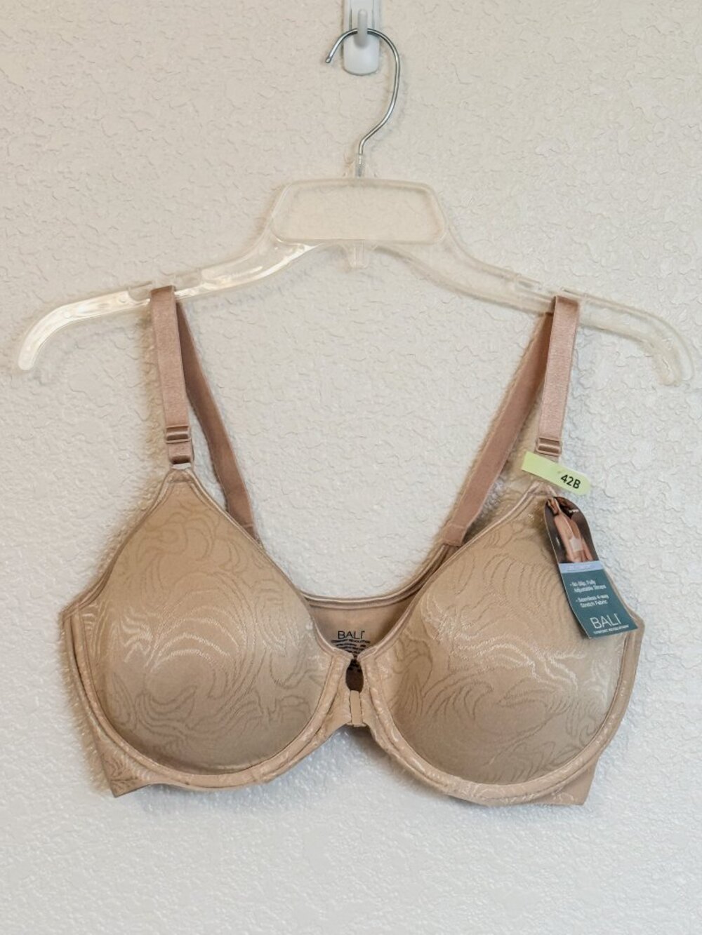 BALI Cool Comfort Bra 42B Beige Underwire Front Closure Damask Swirl DF3P66 NWT